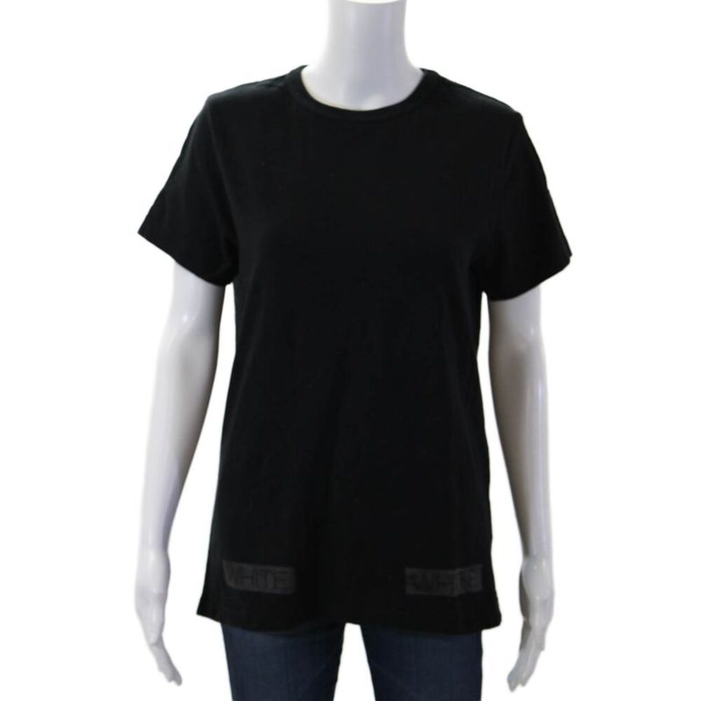 Off White Women Designer Black Cotton Crewneck Graphic Tee Size XS